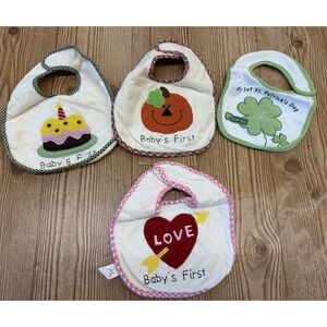 Vtg Lot of 4 Holiday Baby Bibs Birthday Thanksgiving Christmas Easter St Pats